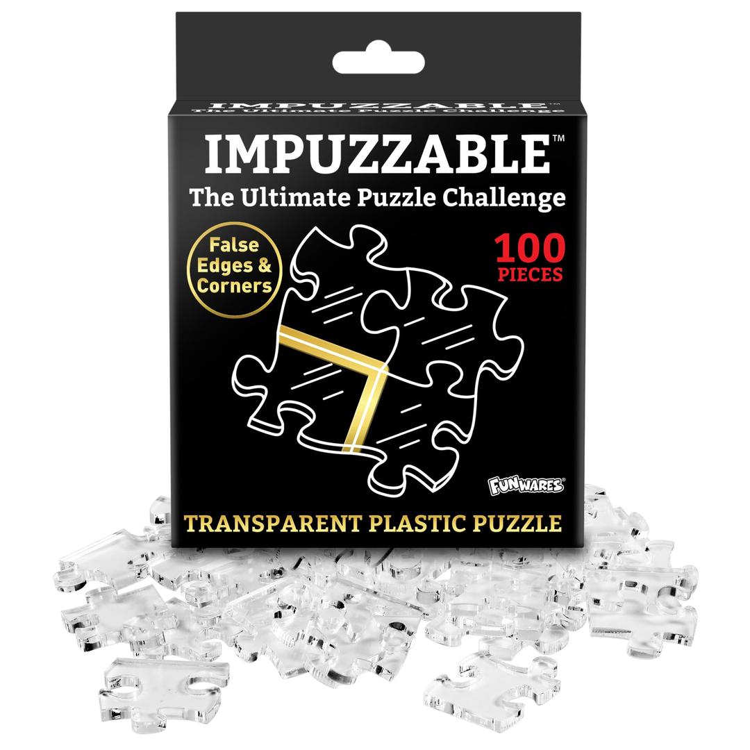 Funwares ImPuzzable Insanely Impossible Puzzle: 100-Piece Clear Acrylic Puzzle for Adults, Every Piece Unique, False Edges, False Corners, Hardest Puzzle for Adults, White Elephant Gift for Adults.