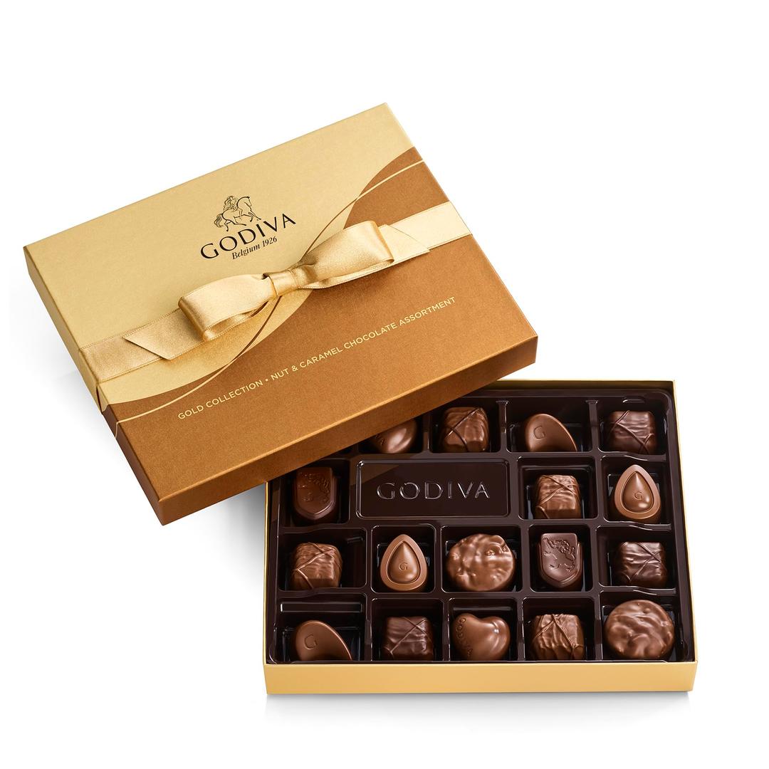 Godiva Chocolatier Chocolate Gift Box for Birthday, Thank You, Anniversary, Congratulations Gift Basket Gold Ribbon Gourmet Nuts Dark and Milk Chocolate Candy Assortment with Praline and Caramel, 18pc