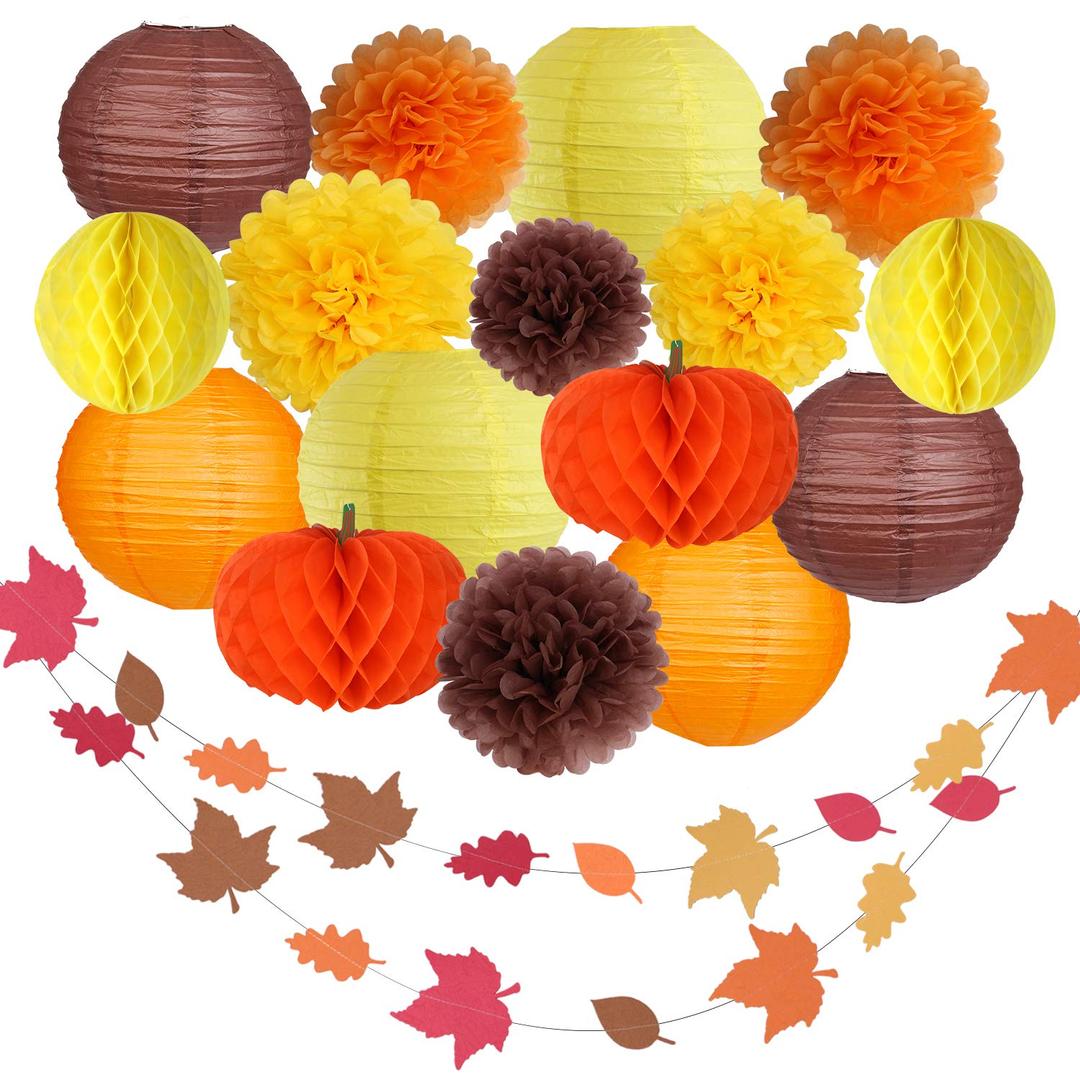 Thanksgiving Party Decorations Supplies Kit Hanging Paper Lantern Tissue Honeycomb Ball Pom Poms Flowers Pumpkins Maple Leaf Garland for Fall Birthday Baby Showers Home Decor Indoor Outdoor