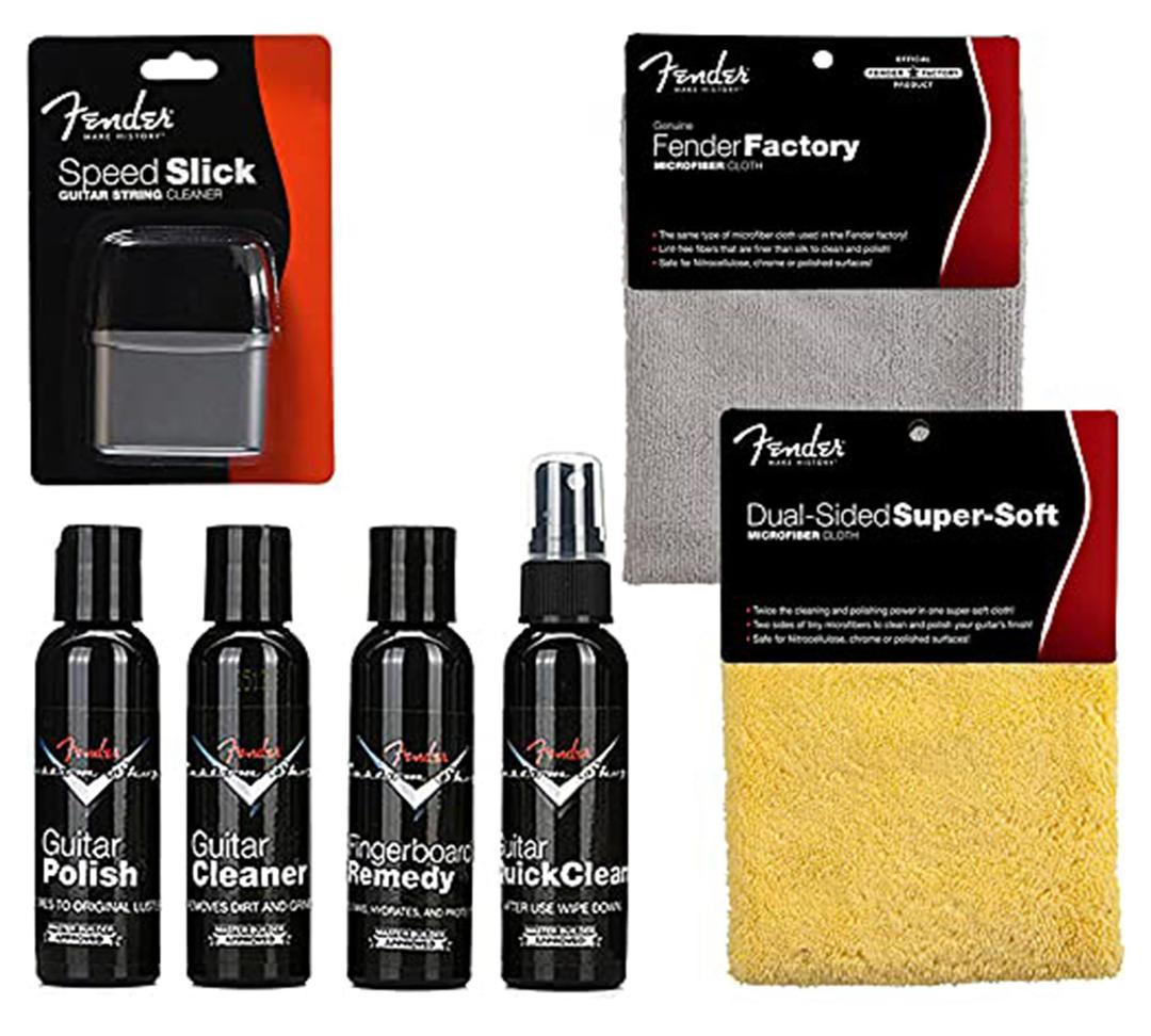 FenderGuitar Super Care Kit Bundle with Speed Stick String Cleaner, Custom Shop Deluxe Guitar Care System 4 Pack, Super-Soft Dual-Sided Microfiber Cloth, and Fender Factory Microfiber Cloth