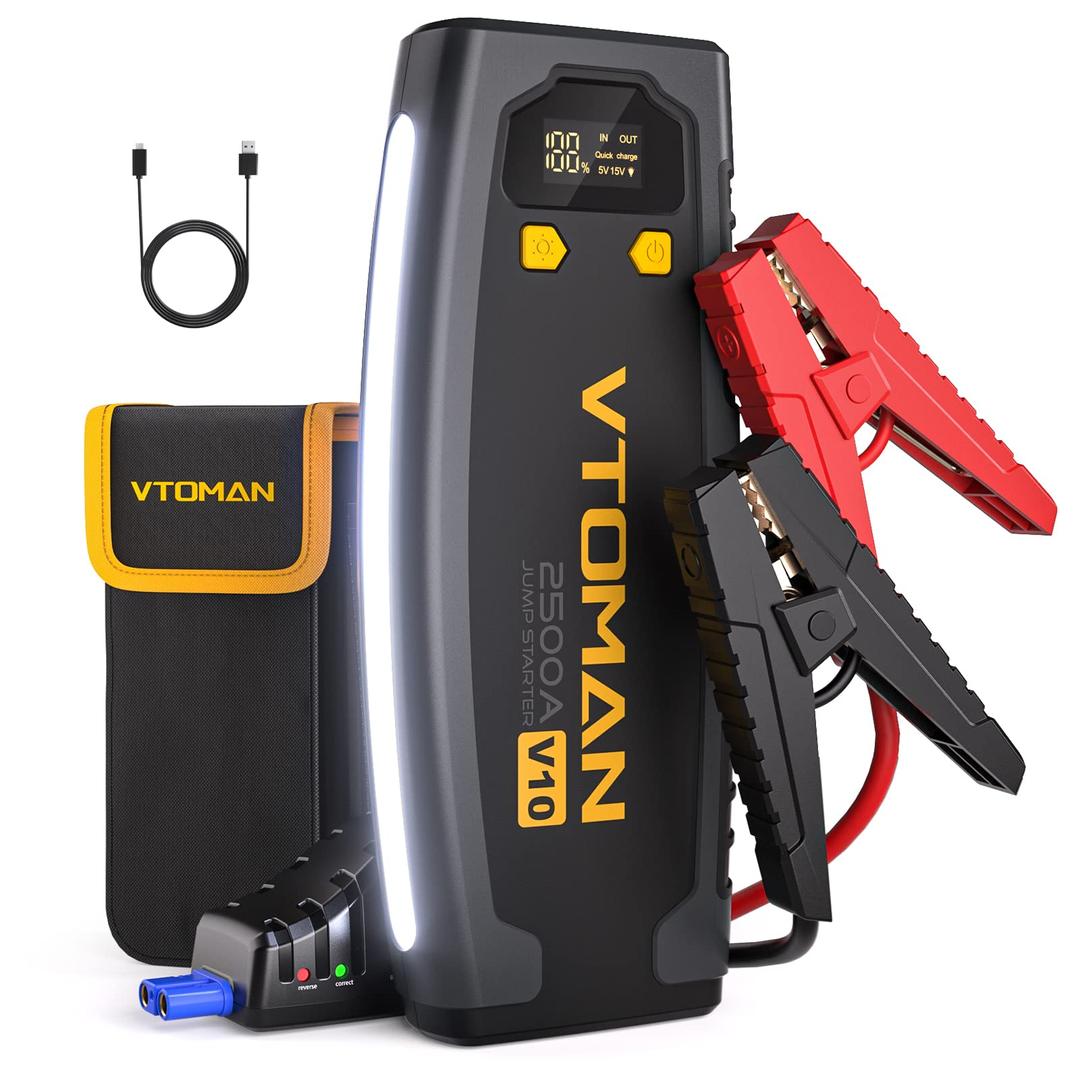 VTOMAN V10 Jump Starter, 2500A for 9L Gas and 7L Diesel Engine with PD30W Two-Way Quick Charge, Car Battey Charger Jump Box Portable, 12V Auto Battery Booster Power Pack with Jumper Cable WorkLight