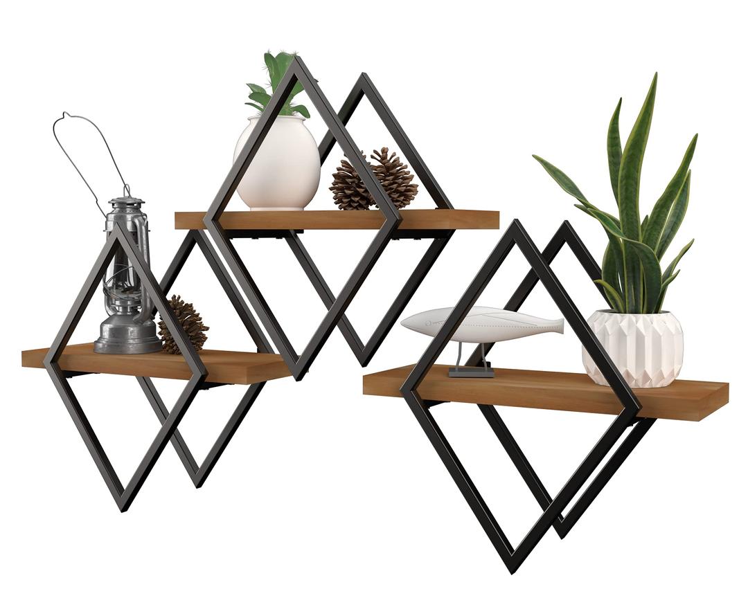 Geometric Wall Shelf Set of 3|Floating Diamond Wall Shelves|3 Set Industrial Decor Hanging Shelves| Rustic and Farmhouse Home Decor for Kitchen, Bedroom & Bathroom, Office and More| Rustic Brown