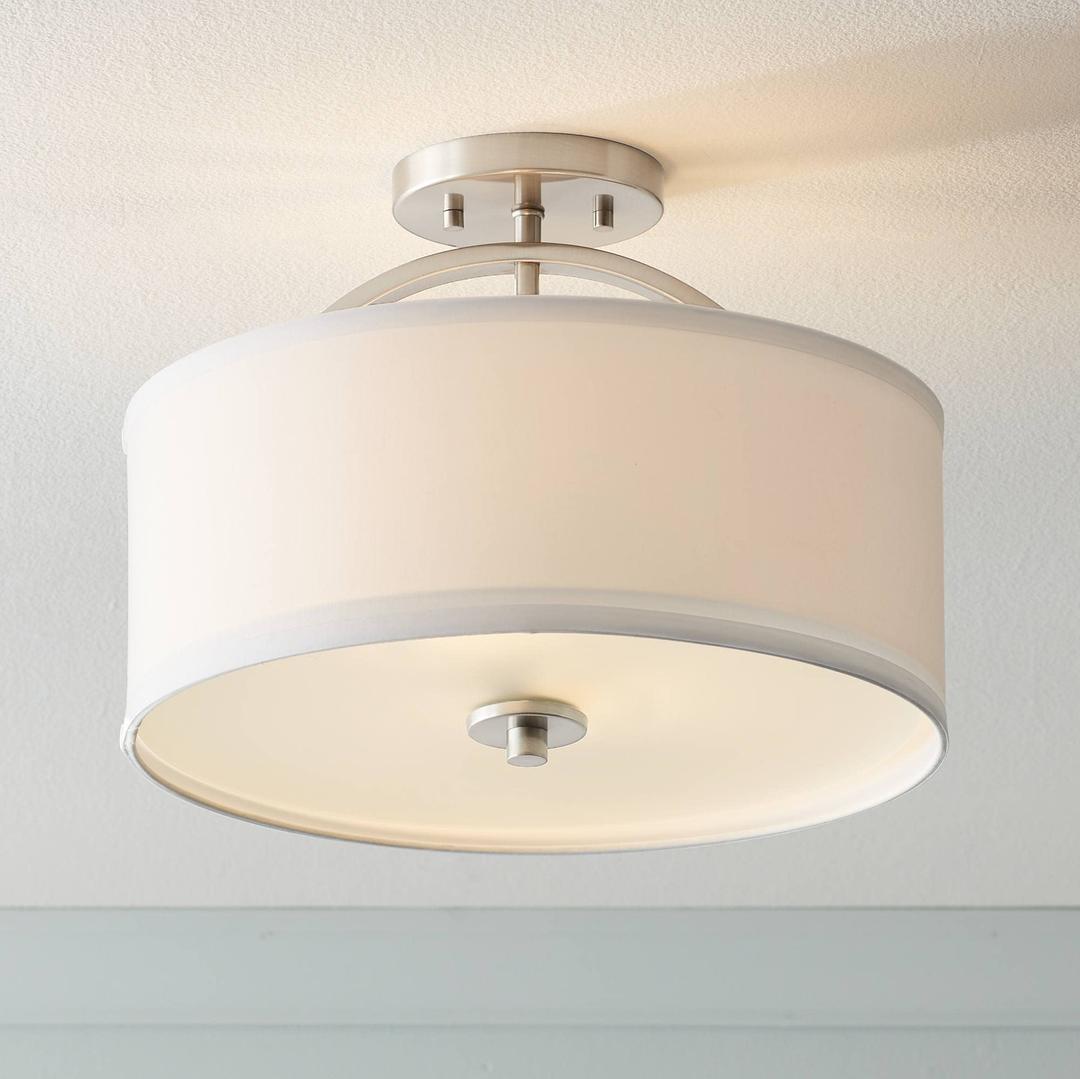 Possini Euro Design Halsted Modern Close to Ceiling Light Semi Flush Mount Fixture 15" Wide Brushed Nickel Silver White Linen Drum Shade for Bedroom Hallway Living Room Dining Room Bathroom Kitchen