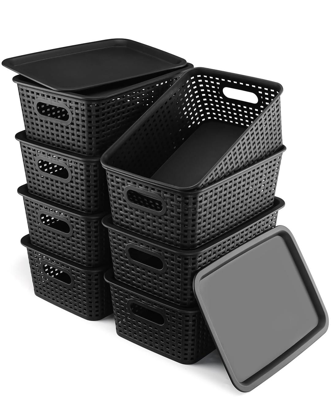 Plastic Storage Bins with Lids 8 Packs Small Storage Baskets for Organizing Storage Container Organizer Bins for Shelves Desktop Closet Pantry Playroom Classroom Office, Black