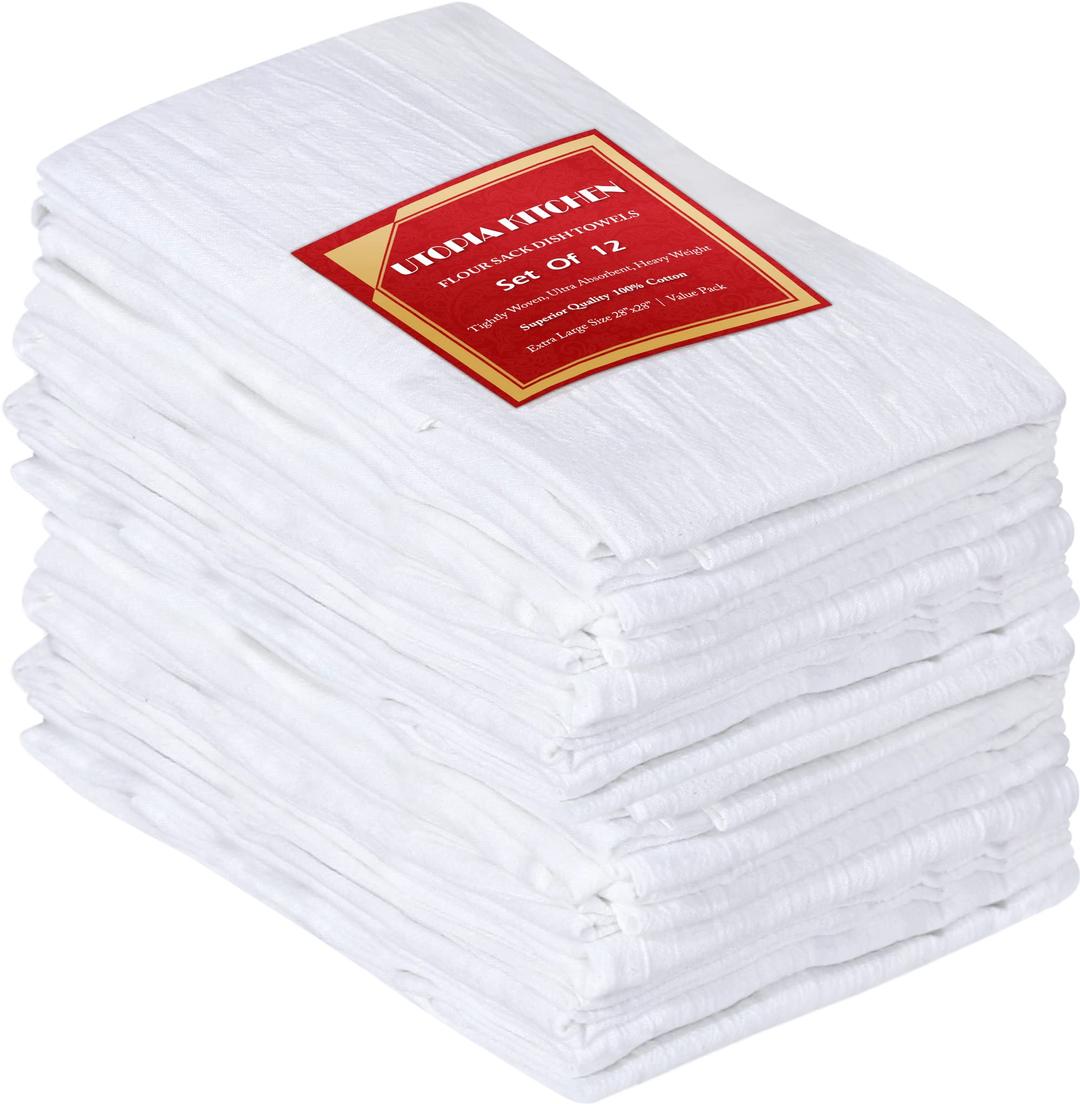 Utopia Kitchen[12 Pack - 28 x 28 Inches White Flour Sack Towels 100% Cotton Tea Towels for Cleaning & Drying - Highly Absorbent Kitchen Dish Towels