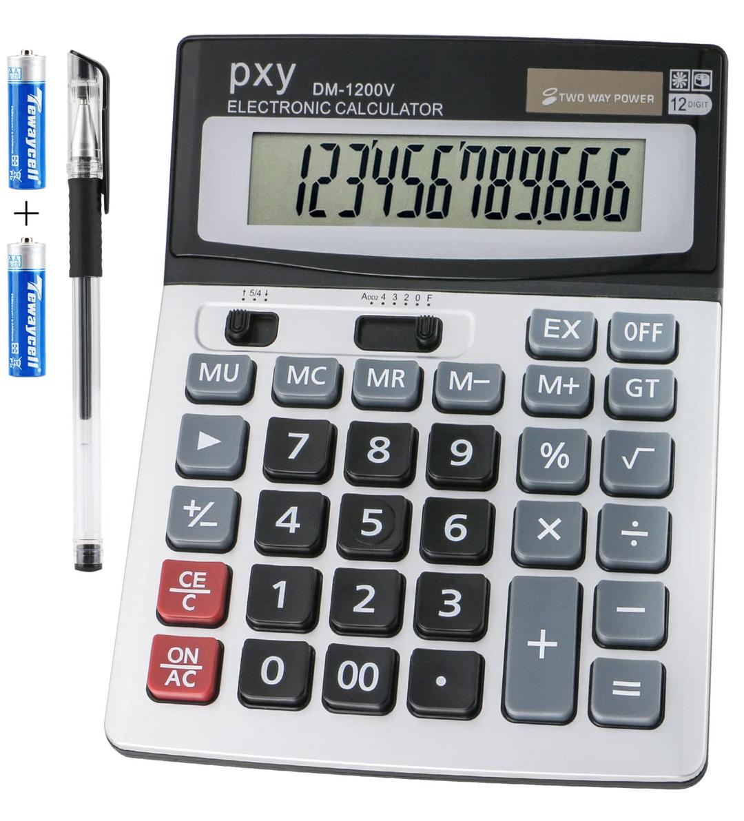 Desk Calculator 12 Digit Extra Large LCD Display, Touch Comfortable with Big Buttons, PXY Two Way Power Battery and Solar Standard Function Office Calculators