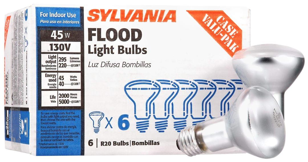 LEDVANCE SYLVANIA Incandescent Flood Light Bulbs, R20 45W, 295 Lumens, 2,000 Hours, Value Pack - 6 Pack (40808) Warm White