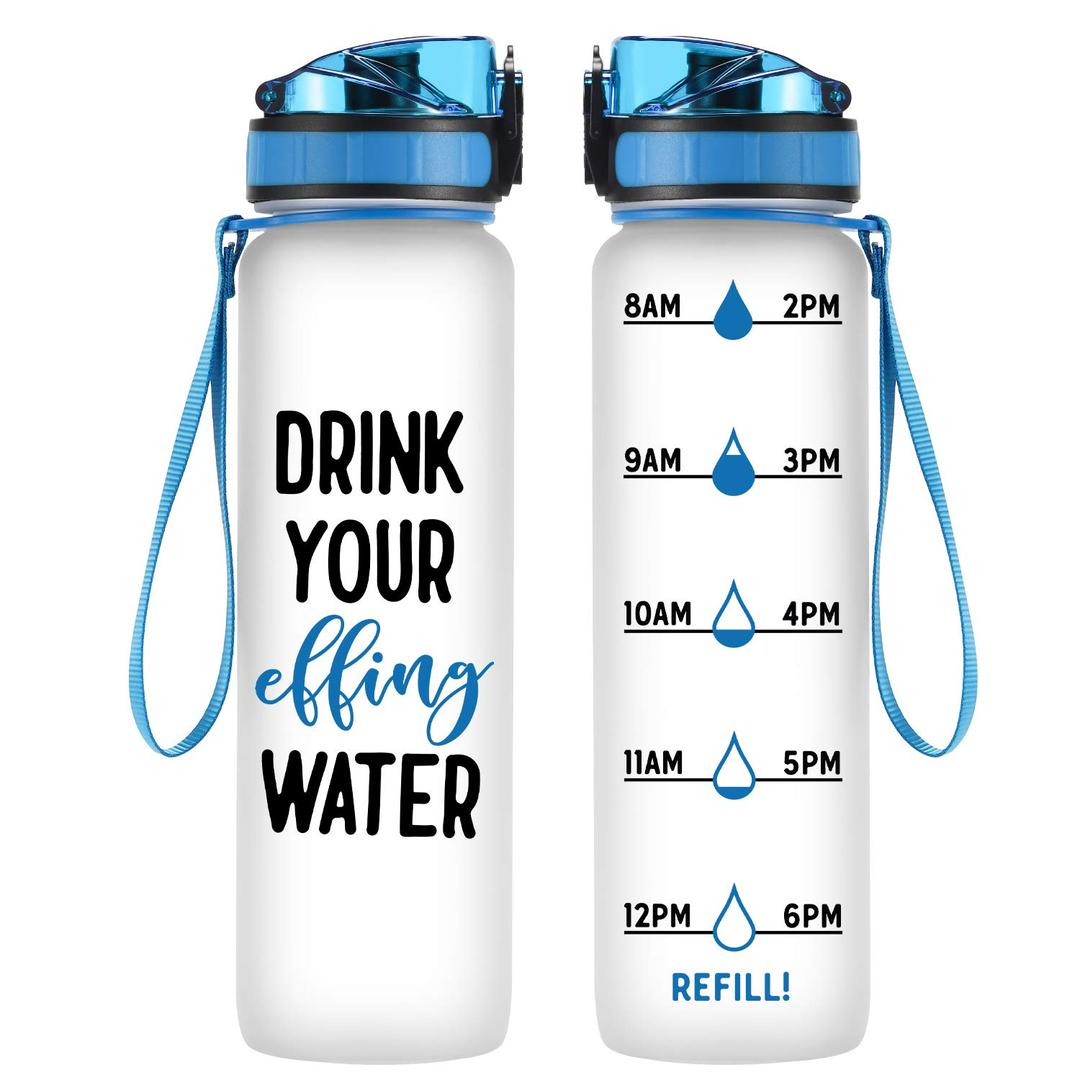 Coolife 32 oz 1 Liter Motivational Tracking Water Bottle w/Hourly Time Marker - Drink Your Effing Water - Funny Mothers Day, Birthday Gifts for Women, Men, Mom, Dad, Sister, Best Friend, Coworker