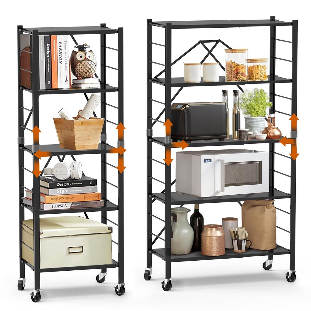 5 Tier Foldable Storage Shelves, Expandable Folding Shelving Units with Wheels, Changeable into 2 Shelf Units, Collapsible Adjustable Storage Rack Metal Shelves for Storage, Pantry, Garage, Kitchen