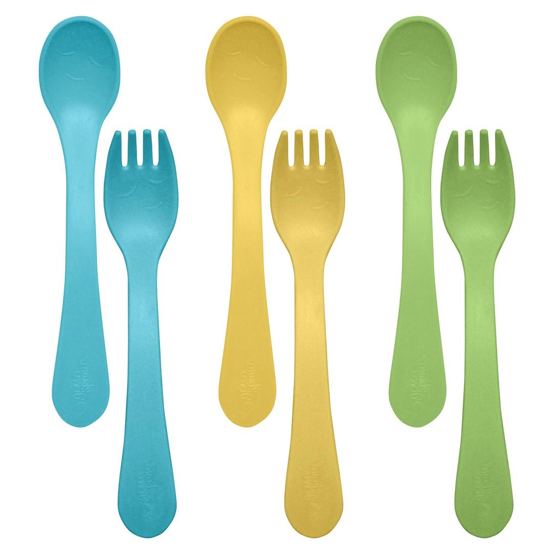 green sprouts Sprout Ware Fork and Spoon, Aqua Assortment, 6 Count