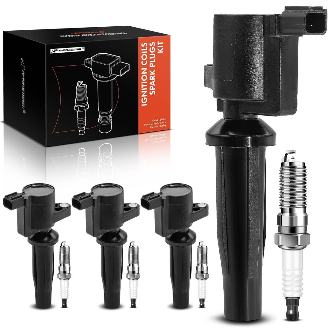 A-Premium Set of 4 Ignition Coil Pack and Iridium Spark Plugs Compatible with Ford Escape, Fusion, C-Max, Transit Connect, SSV Plug-In Hybrid, Police Responder Hybrid & Lincoln MKZ & Mercury Mariner