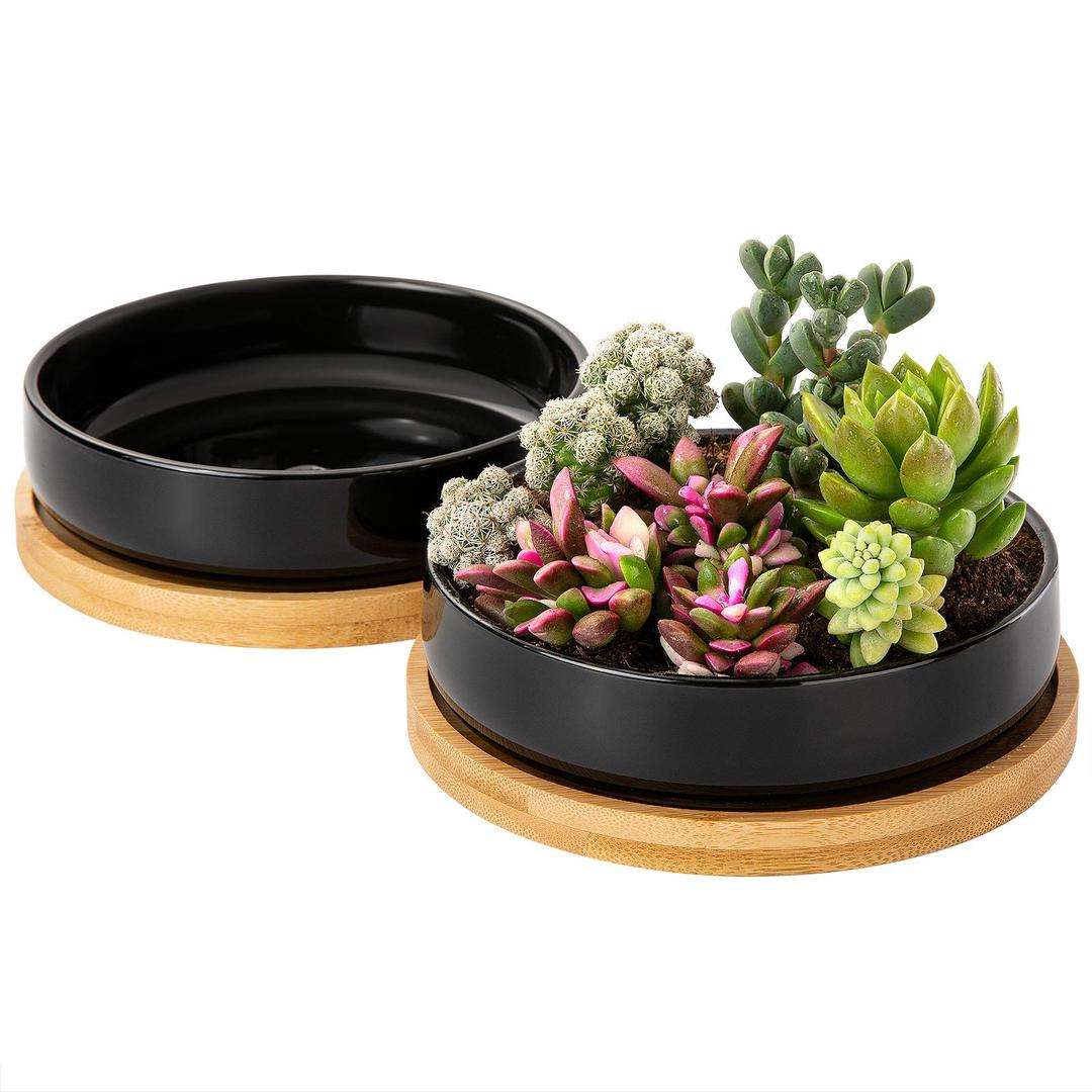 2Pack 6Inch Plant Pot, Black Ceramic Succulent Pot Flower Planter with Bamboo Tray and Drainage Hole for Indoor Plant Yangbaga