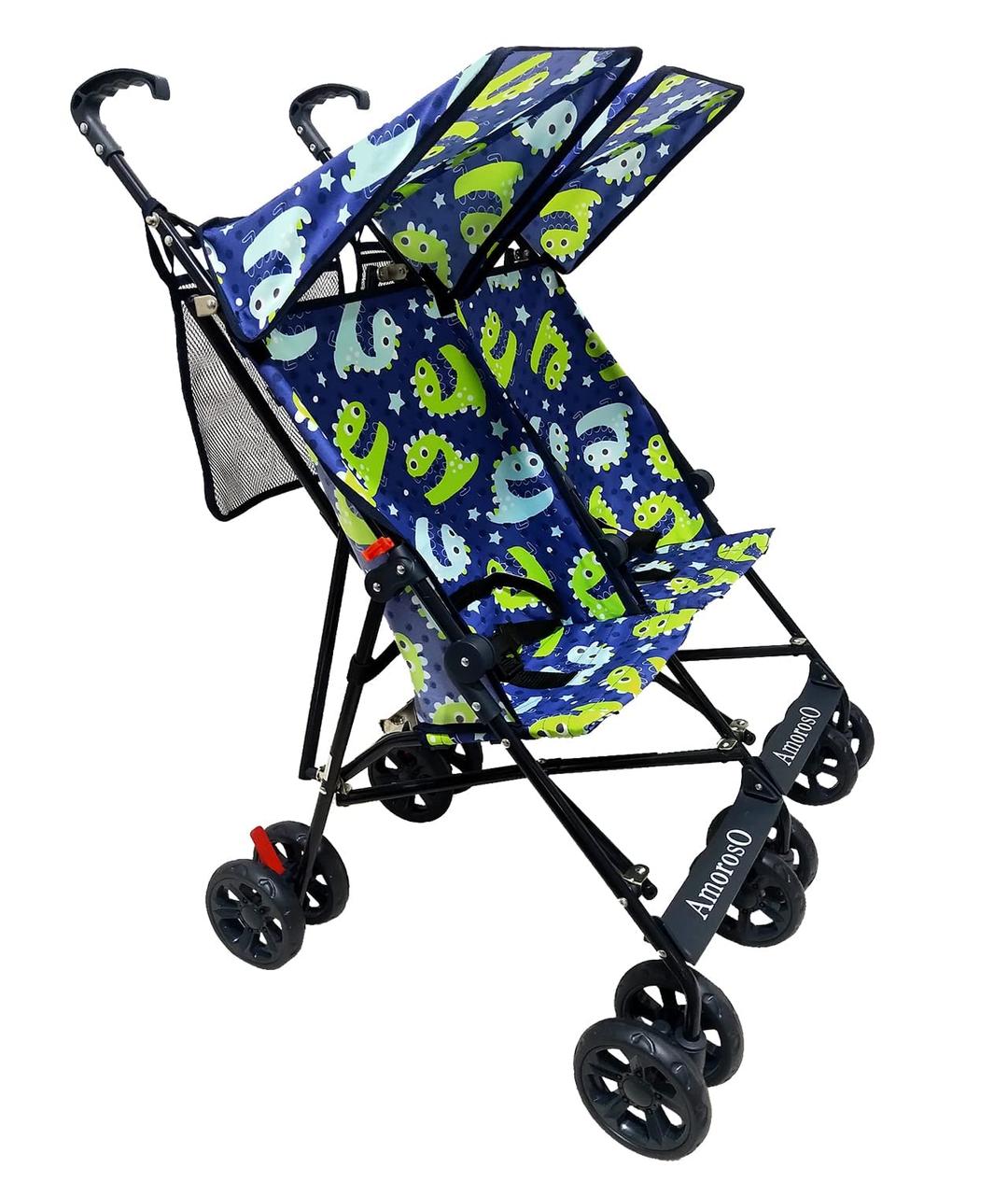 AmorosO Twin Lightweight Umbrella Stroller | Easy to Clean Baby Stroller with Four Wheels | Foldable & Travel-Ready Compact Stroller | Sunlight and Light Rain Protection | Blue