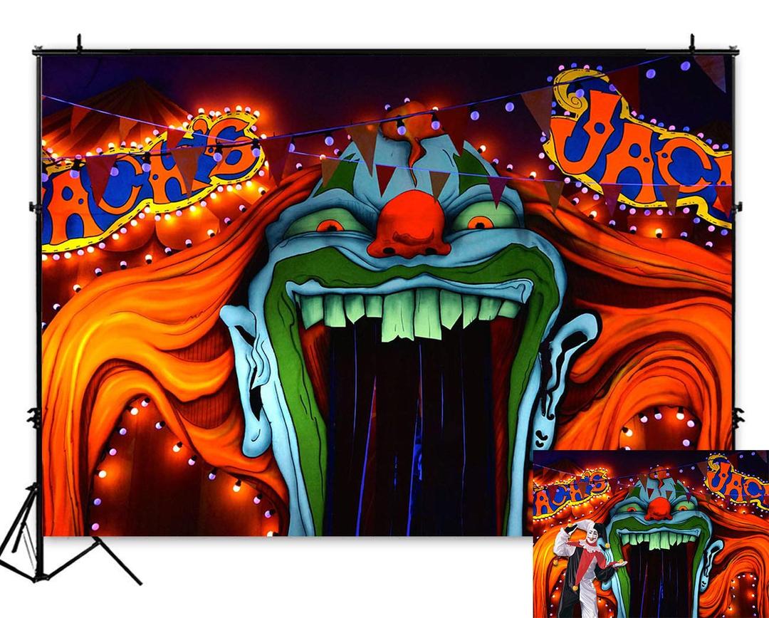 Art Studio 7x5ft Horror Circus Theme Halloween Party Photography Backdrop Giant Evil Clown Entrance Scary Hallowmas Kids Birthday Party Photo Background Grove Vampire Banner Photobooth Studio Props