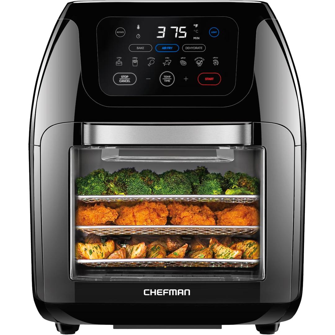 CHEFMAN Multifunctional Digital Air Fryer+ Rotisserie, Dehydrator, Convection Oven, 17 Touch Screen Presets Fry, Roast, Dehydrate, Bake, XL 10L Family Size, Auto Shutoff, Large Easy-View Window, Black