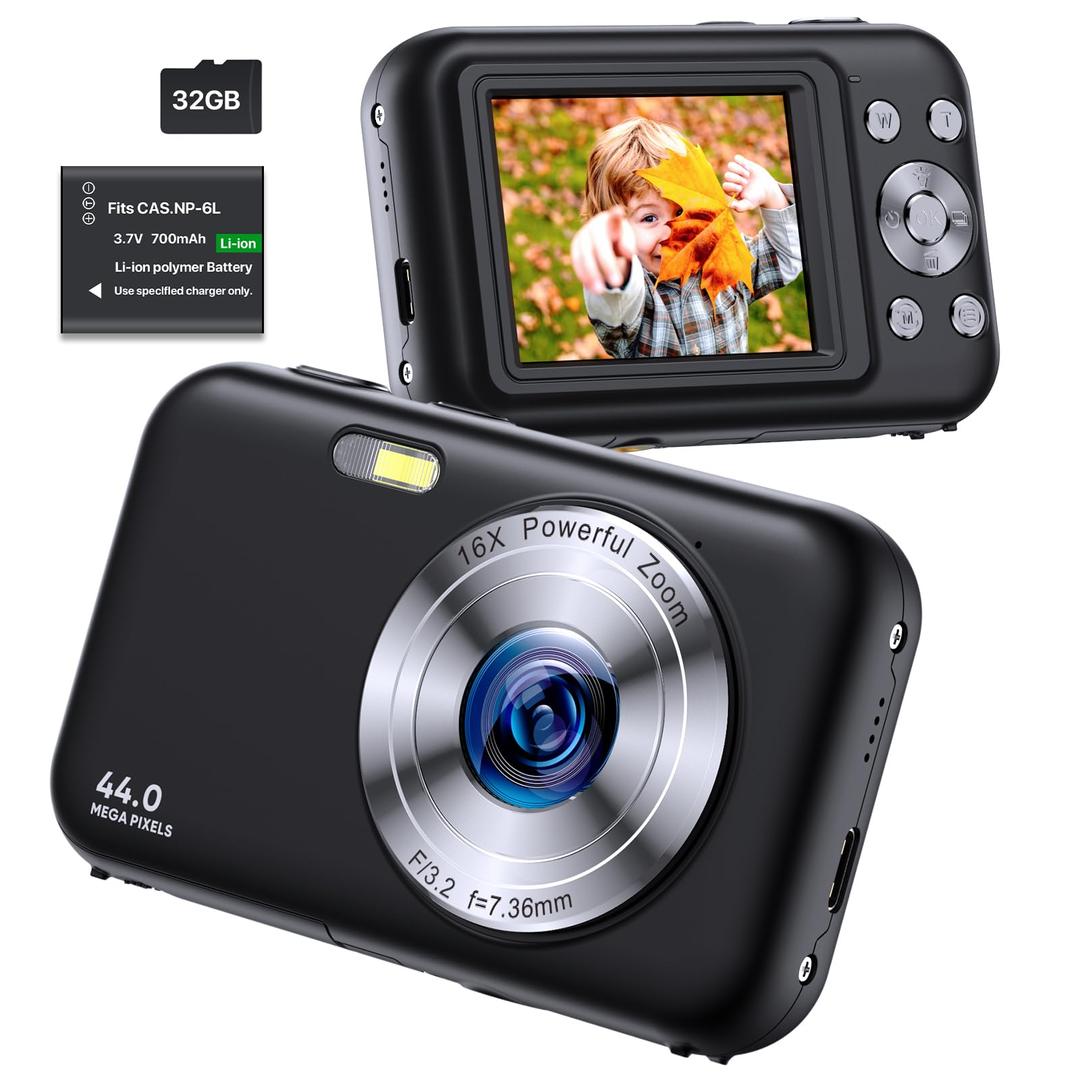 1080P Digital Camera for Kids and Teens - 32GB SD Card, 16X Zoom, Compact and Portable Point-and-Shoot Camera - Black