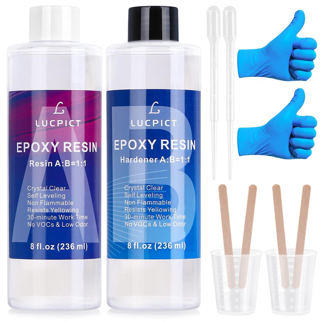 Epoxy Resin Kit, 472ml/16oz Crystal Clear Epoxy Resin Kit for Art Crafts, Jewelry Making, River Table, Wood, 1:1 Ratio Casting Resin with Bonus Mixing Sticks, Measuring Cups, Droppers, Gloves