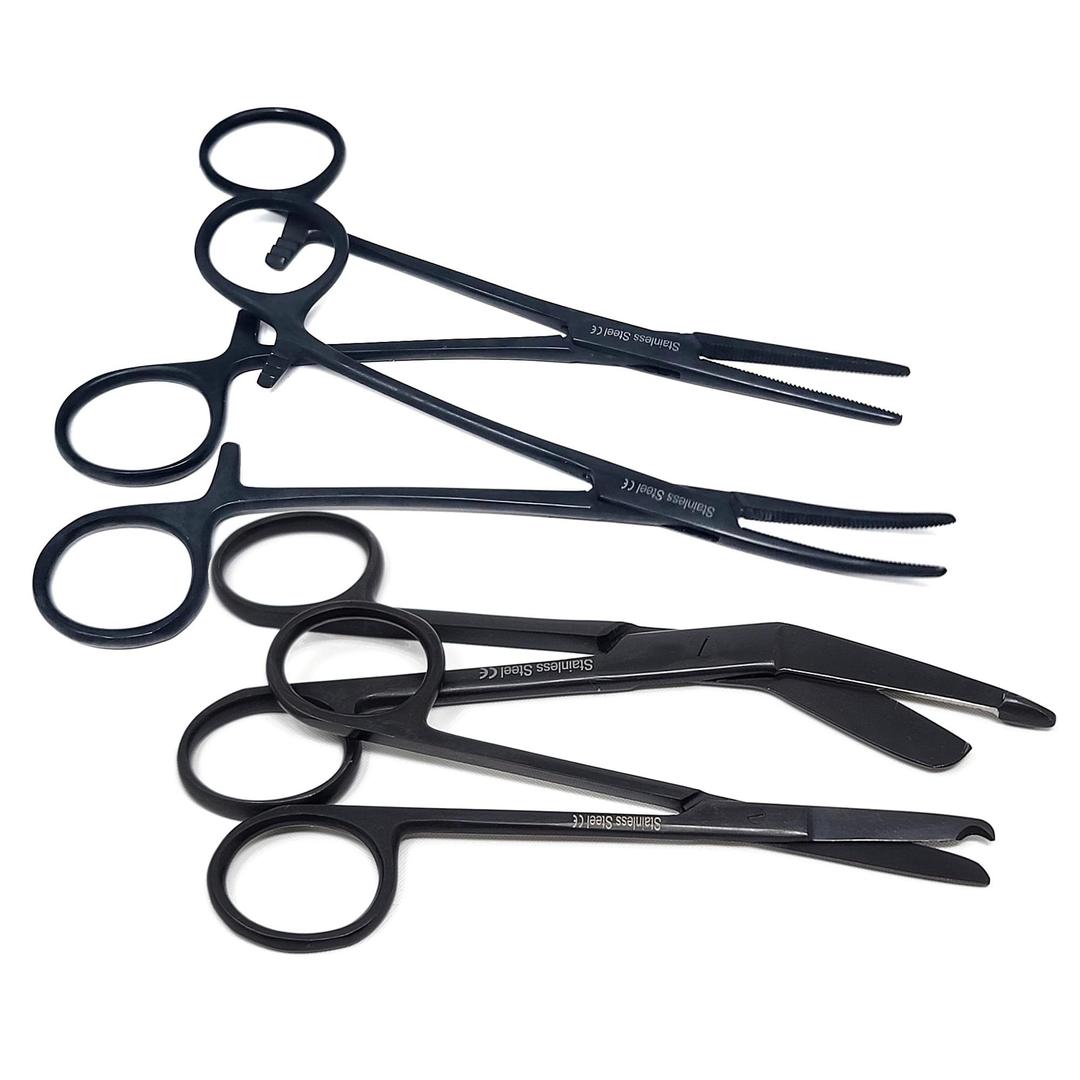 Set of 4 Bandage Scissors 5.5", Stitch Scissors 4.5" and Hemostat 5.5" Straight Curved Made of Premium Quality Stainless Steel (Jet Black)