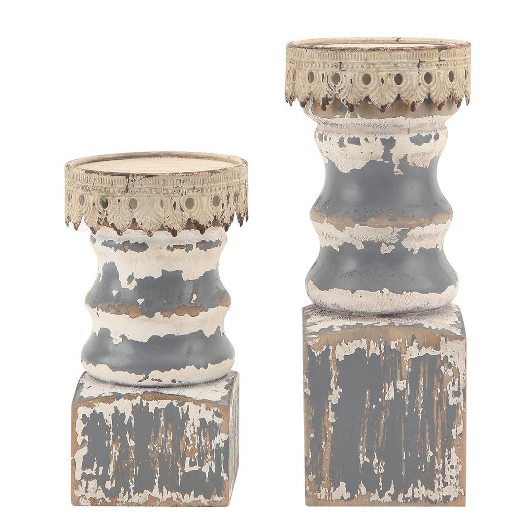 NIKKY HOME Farmhouse Pillar Candle Holder Set of 2 - Rustic Wood Decorative Candlesticks Pedestal, Centerpieces Decor for Fireplace Mantle Coffee Bar Dining Table, Distressed Grey