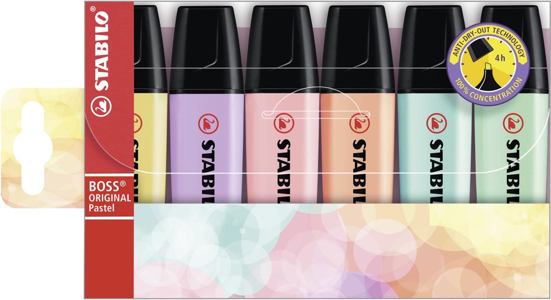 STABILO BOSS Original Pastel Highlighter Pens Highlighter Markers - Full Range Set of 6 in Wallet