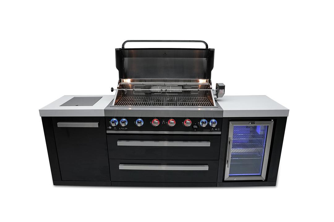 Mont Alpi MAi805-BSSFC 44-inch 6-Burner 115000 BTU Black Stainless Steel Gas Outdoor Kitchen Bar Island Grill w/Wine Cooler Beverage Center Refrigerator + Infrared Side Burner + Granite Countertop