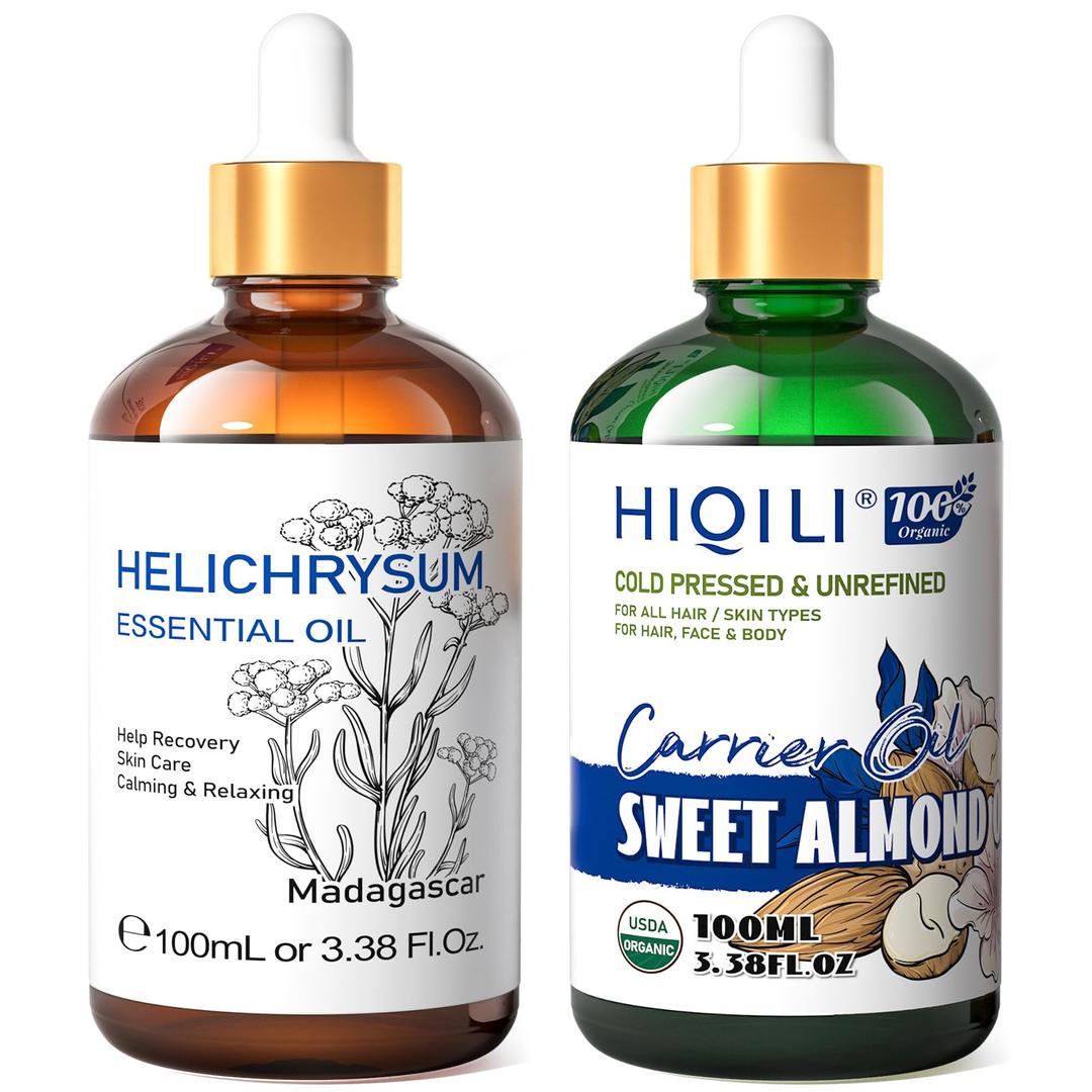 HIQILI Helichrysum Essential Oil and Sweet Almond Oil, 100% Pure Natural for Diffuser - 3.38 Fl Oz