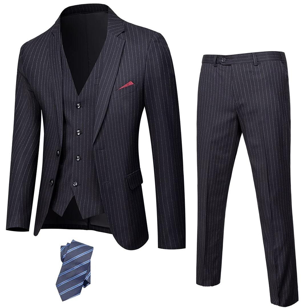 YND Men's Slim Fit 2 Button 3 Piece Suit Set, Solid Blazer Jacket Vest Pants & Tie