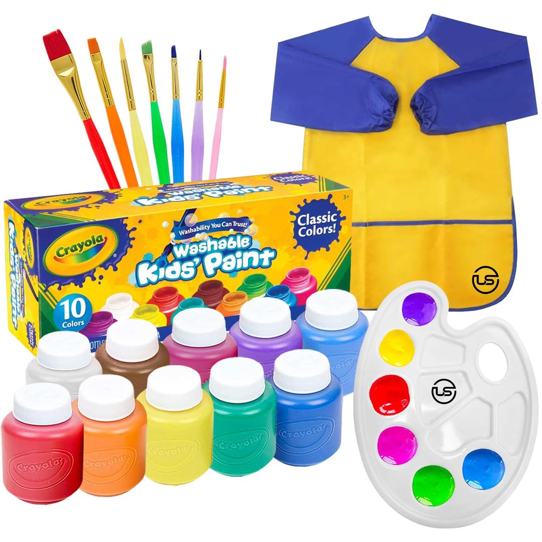 The Mega Deals Kids' Paint Set, 10 ct - Washable Tempera Paint, 7 Paint Brushes, Palette, Smock - Children's Paint Set, Non-Toxic, Waterproof, Ages 2-7