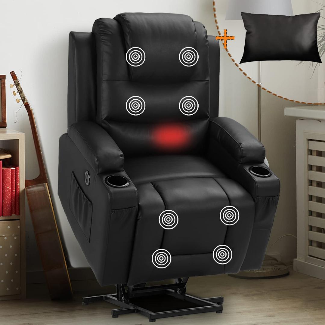 Power Lift Recliner Chairs for Elderly with Massage & Heating, Leather Electric Recliner with Lumbar Pillow/Cup Holders/Side Pockets/USB Ports for Home Living Room (Black PU No Cup)