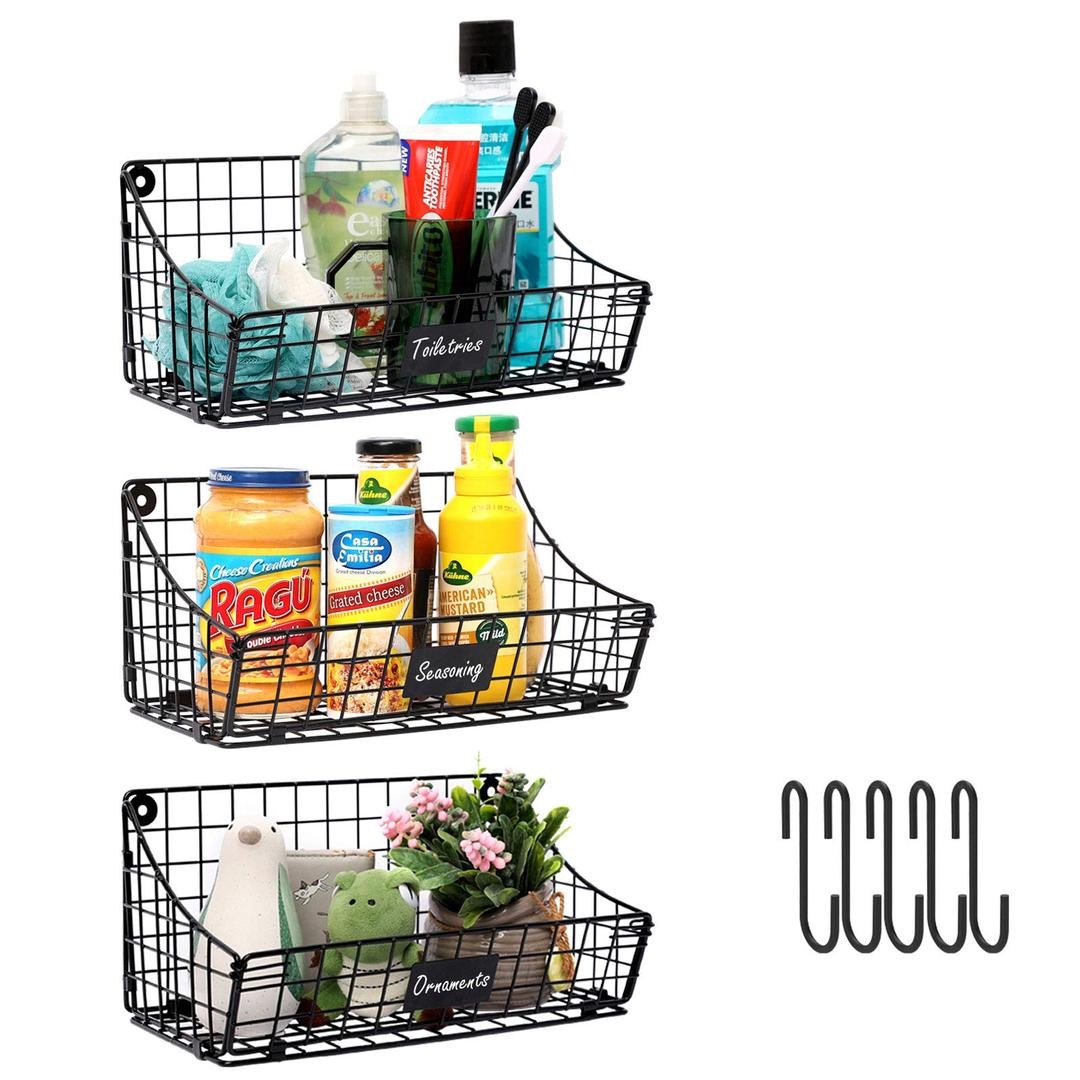 X-cosrack 3 Pack-Wall Hanging Basket with 5 S Hook, Wall Hanging Wire Baskets for Organizing, Large Storage Organization Shelf for Pantry, Kitchen