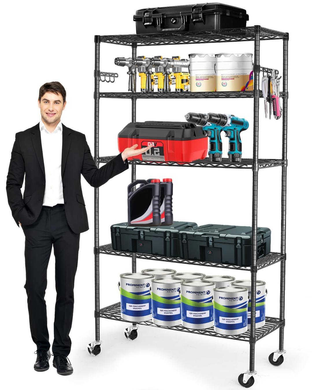 YNNWire Shelving,1750Lbs Capacity 5 Tier Heavy Duty NSF Wire Shelf with Rolling Wheels Black Metal Storage Shelves Adjustable Wire Rack Unit 36" W x 14" D x 72" H for Kitchen Bathroom Garage Closet