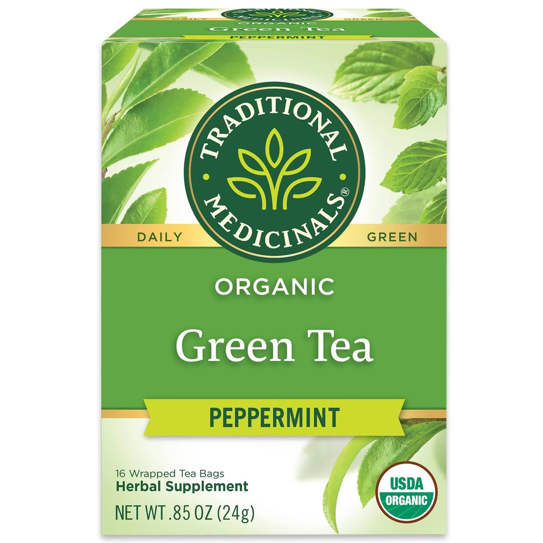 Traditional Medicinals Organic Green Tea Peppermint Herbal Tea, Alleviates Digestive Discomfort, (Pack of 1) - 16 Tea Bags