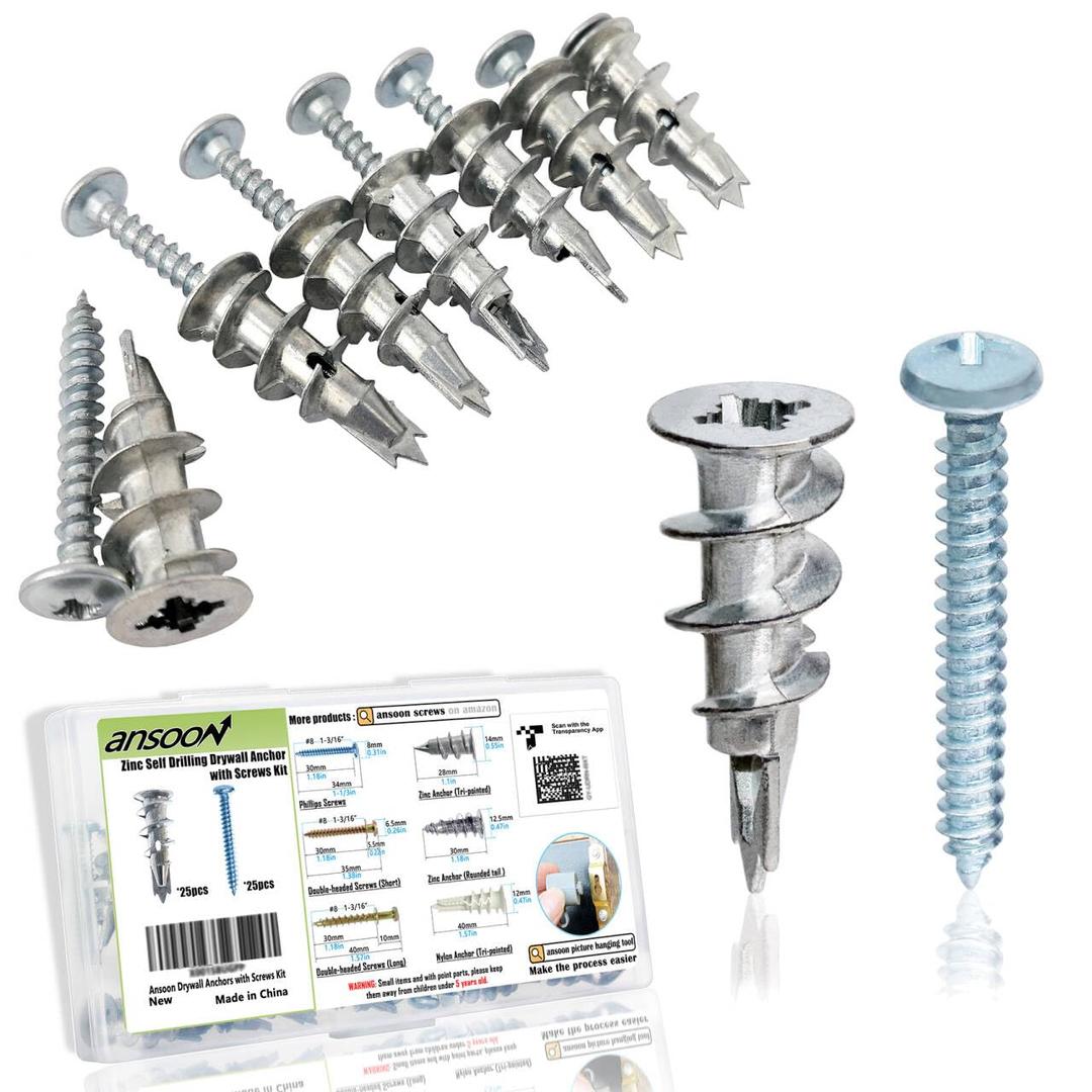 Zinc Self-Drilling Drywall Anchors with Screws Kit, 25 Heavy Duty Metal Wall Anchors and 25#8 x 1-1/4'' Screws - 50 Pieces All Together