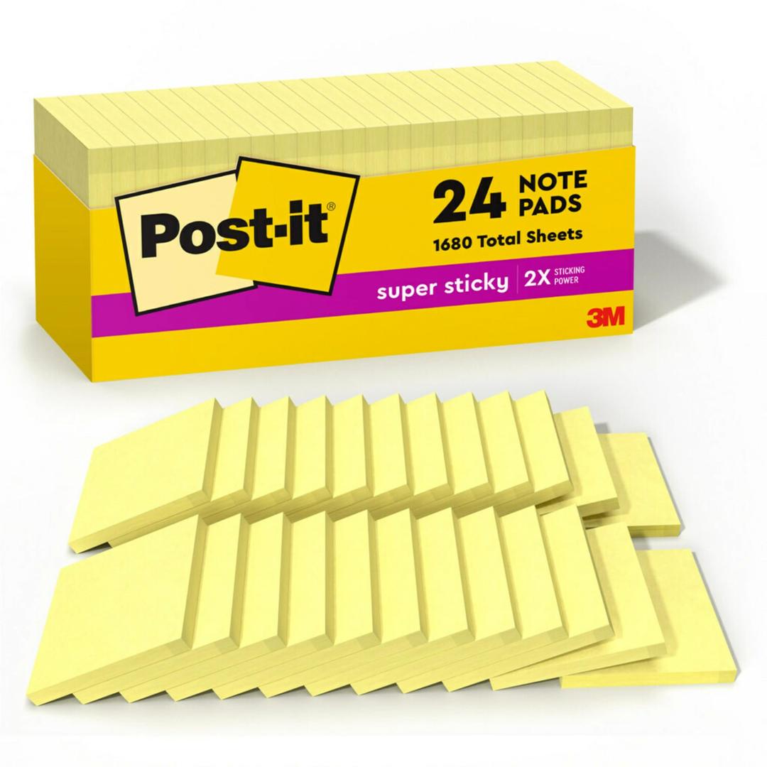 Post-it Super Sticky Notes, 24 Sticky Note Pads, 3 x 3 in., School Supplies, Office Products, Sticky Notes for Vertical Surfaces, Monitors, Walls and Windows, Canary Yellow