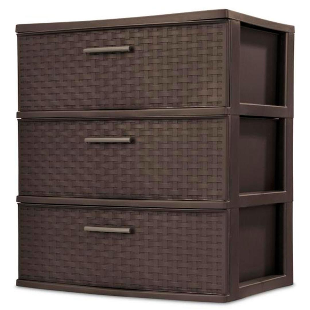 Sterilite 3 Drawer Wide Weave Storage Tower, Plastic Decorative Drawers to Organize Clothes in Bedroom, Closet, Brown with Brown Drawers, 1-Pack