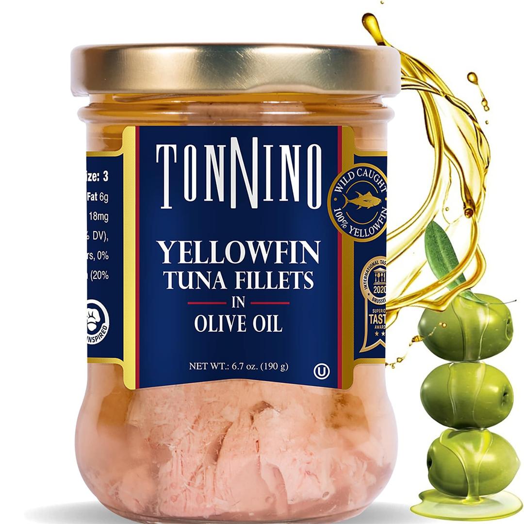 Tonnino Yellowfin Tuna in Olive Oil, Gluten-Free Premium Jarred Atun, Healthy Snacks for Adults, Ready to Eat Meals, EBT Eligible Items, Alternative of Salmon, Pack of 6