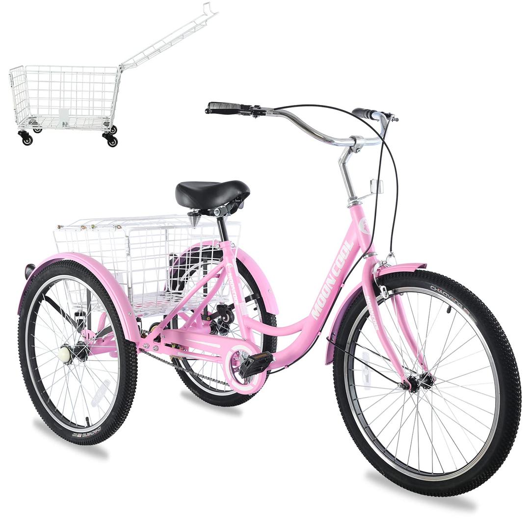 Adult Tricycles, 3 Wheel Bikes for Adults 24/26 inch, Single Speed Three-Wheeled Bicycles Cruise Trike with Removable Wheeled Basket for Seniors, Women, Men