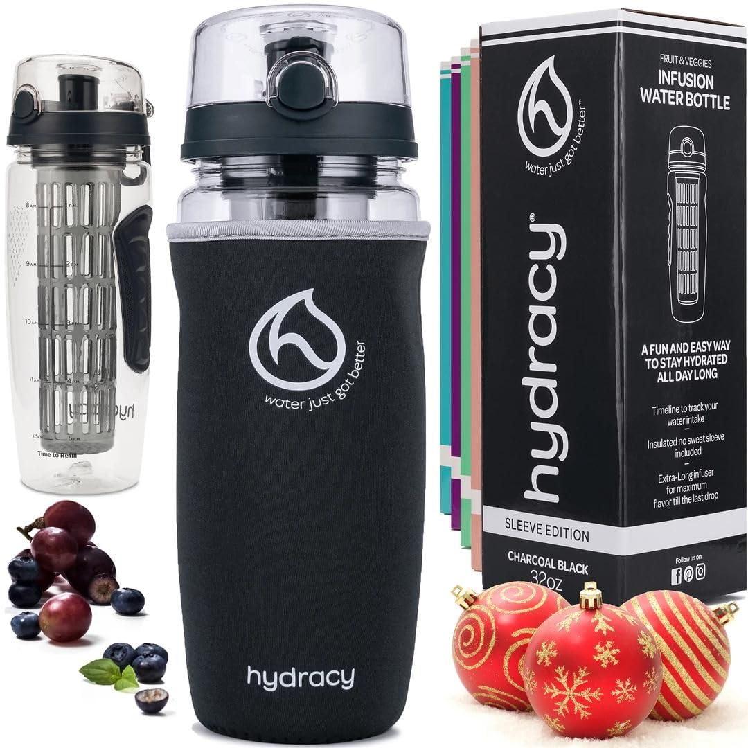 Hydracy Fruit Infuser Water Bottle - 32 oz Sports Bottle - Insulating Sleeve, Time Marker & Full Length Infusion Rod + 27 Fruit Infused Water Recipes eBook Gift - Charcoal Black