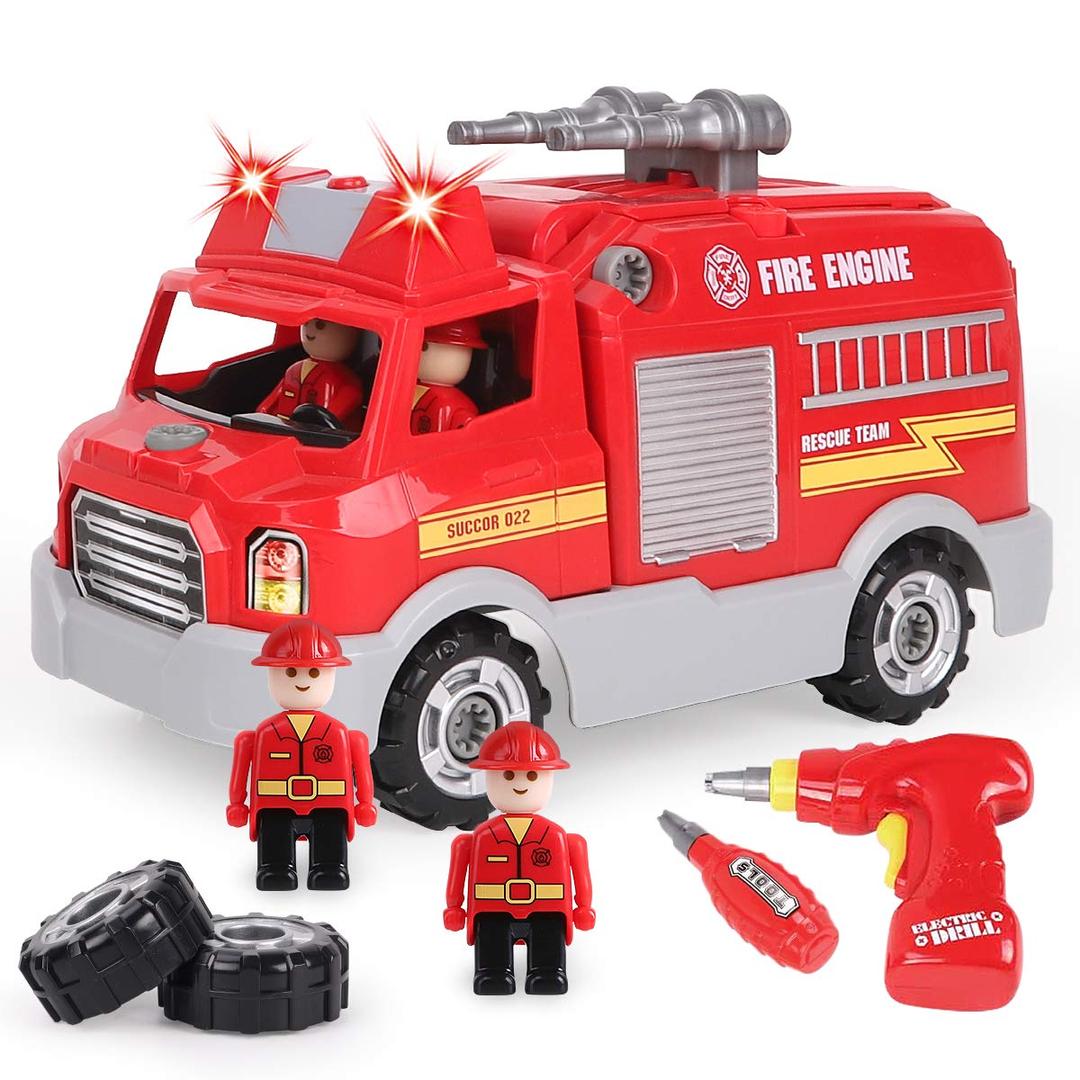 REMOKING Take Apart Toy, Learning Car Toy for Boys & Girls, Build Your Own Car Toy Fire Truck,Educational Playset with Tools and Power Drill, DIY Assembly Car with Realistic Sounds & Lights (3+ Ages)