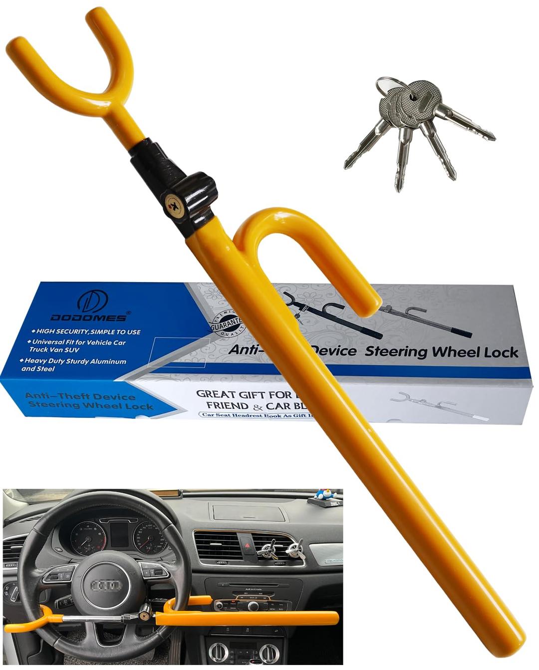 DODOMES Steering Wheel Lock Anti-Theft car Device Car Wheel Locks Heavy Duty Vehicle Security Steering Wheel Lock for Truck Car Vehicles Van Lorry SUV with 4 Keys, Elongated Length MAX 30.5“ Yellow