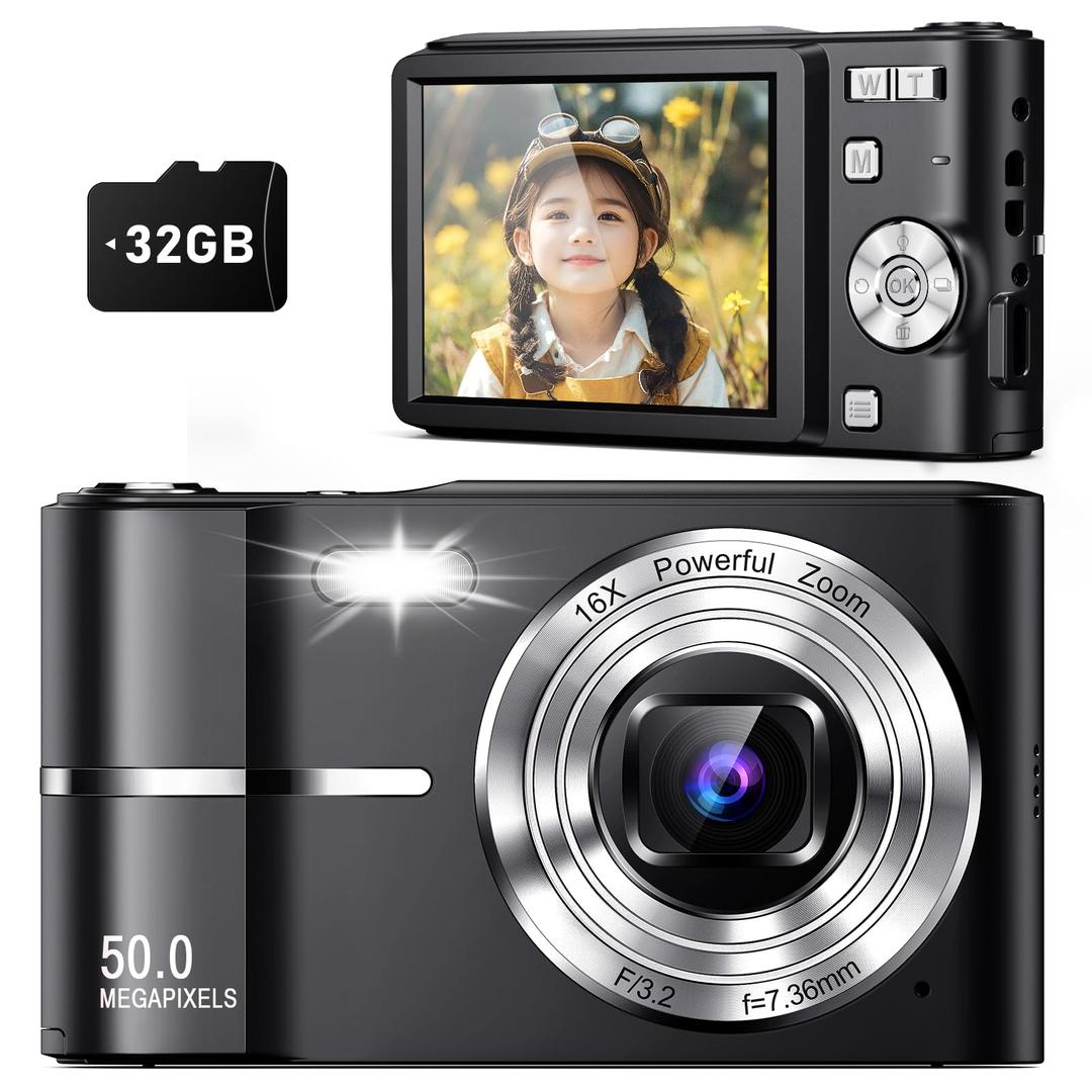 Upgrade Digital Camera, 50MP Full High Definition 1080P Camera with 16x Zoom Anti Shake, Compact Camera for Kid Student Children Teen Girl Boy, Kids Camera with 32GB SD Card,2 Batteries-Black