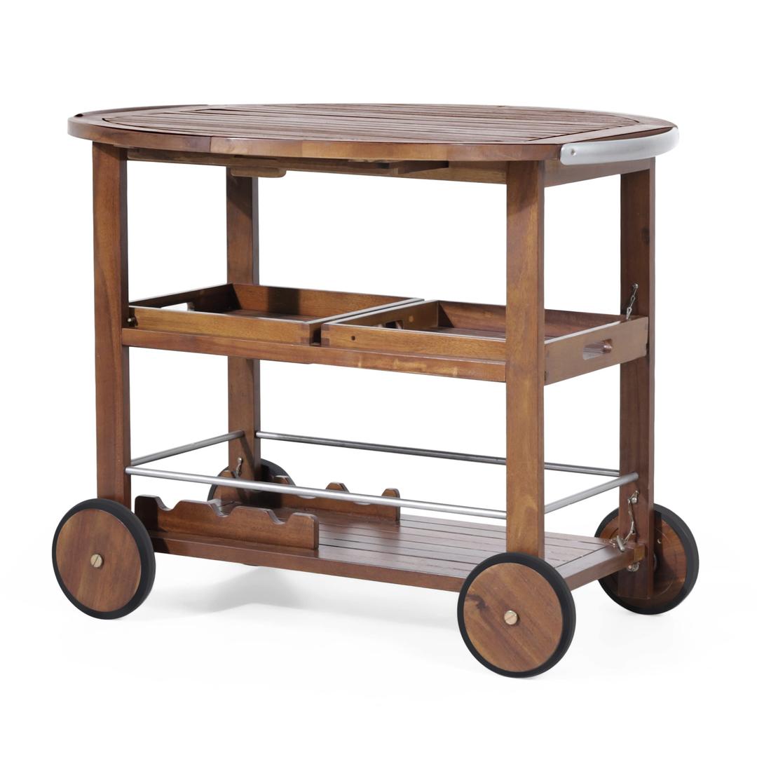 Christopher Knight Home Tillary Tiller Outdoor Acacia Wood Bar Cart Aluminum Accents, Dark Oak/Shiny Powder Coating