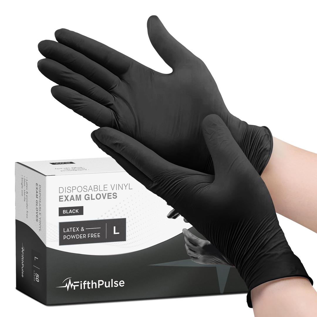 FifthPulse Black Vinyl Disposable Gloves - Powder and Latex Free Medical Exam Gloves