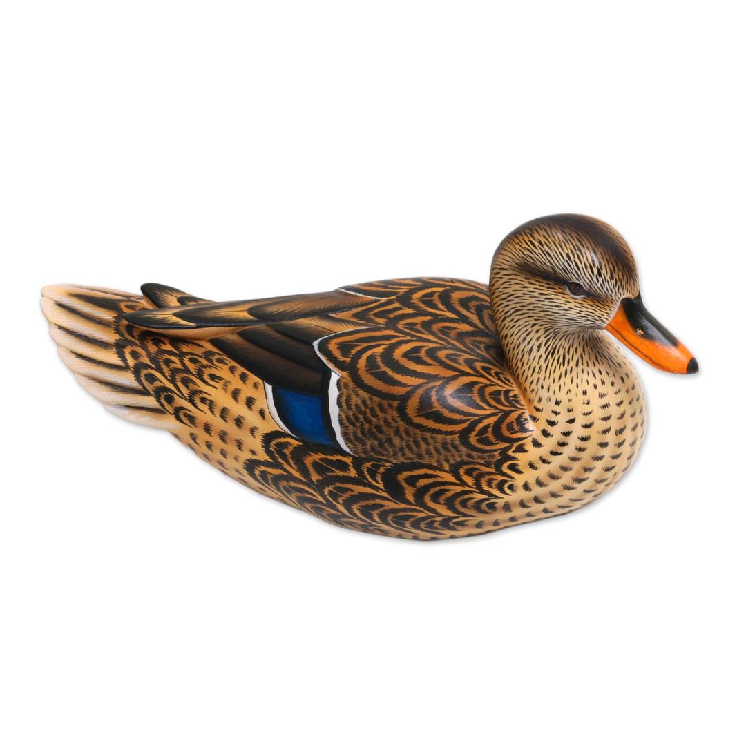 NOVICA Artisan Handmade Wood Statuette Painted Female Mallard Duck from Bali Brown Indonesia Sculpture Animal Themed NAT Geo Decor Birdduck [6in H x 11.75in W x 4.9in D] Elegant Mallard'