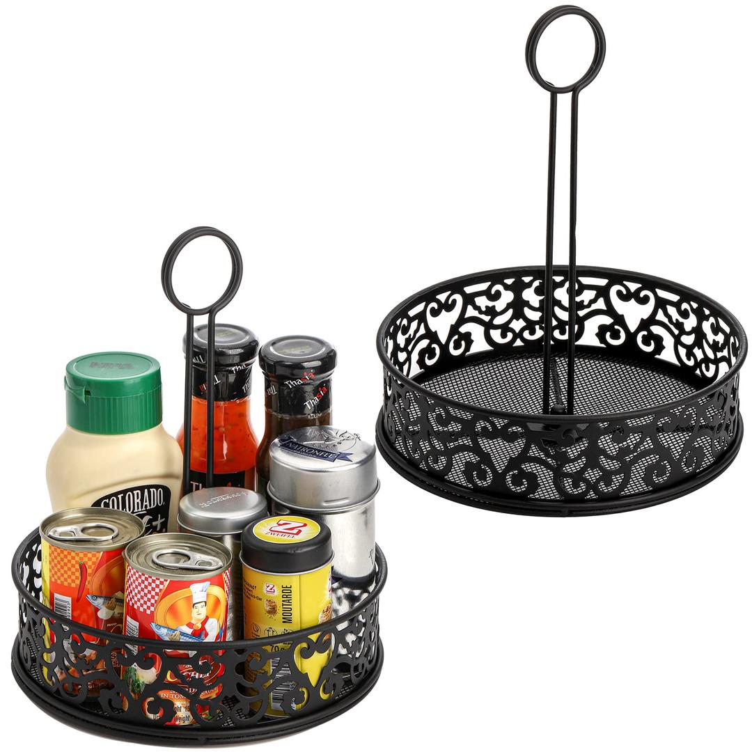 Lyellfe 2 Pack Condiment Caddy, Restaurant Table Caddy with Menu Number Card Holder, Metal Black Decorative Carved Tabletop Seasoning Organizer for Grill Outdoors, Kitchen Cabinet, Camping