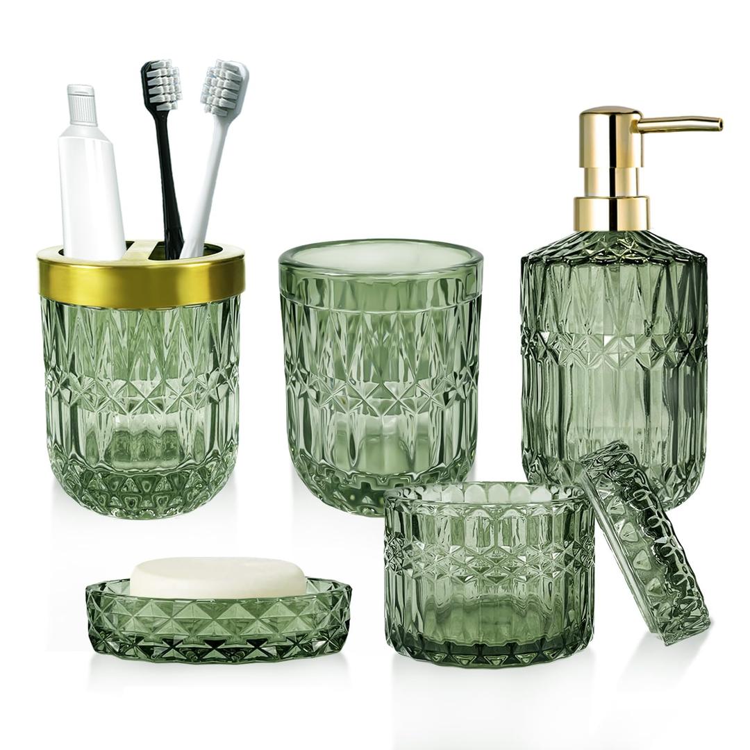 Green Bathroom Accessories Set - 5 PCS Glass Bathroom Decor with Soap Dispenser & Soap Dish & Toothbrush Holder & Tumbler & Cotton Swab Jar - Bathroom Accessory Set for Vanity