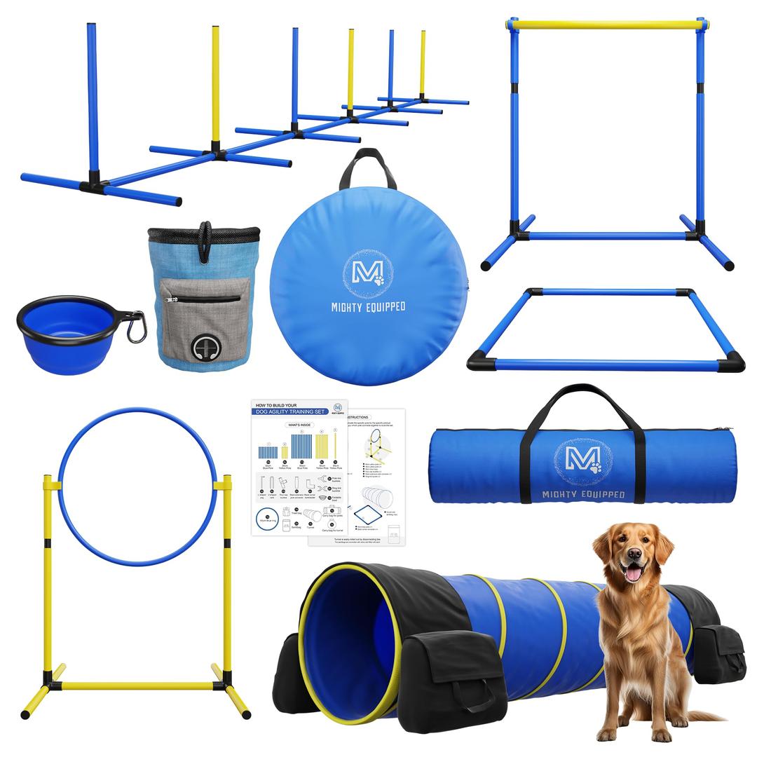 Dog Agility Equipment - Portable Dog Agility Course Backyard Set with 3ft Dog Tunnel, Weave Poles, Hoop Dog Jumps, Collapsible Water Bowl & More - Dog Training Kit for Indoor & Outdoor