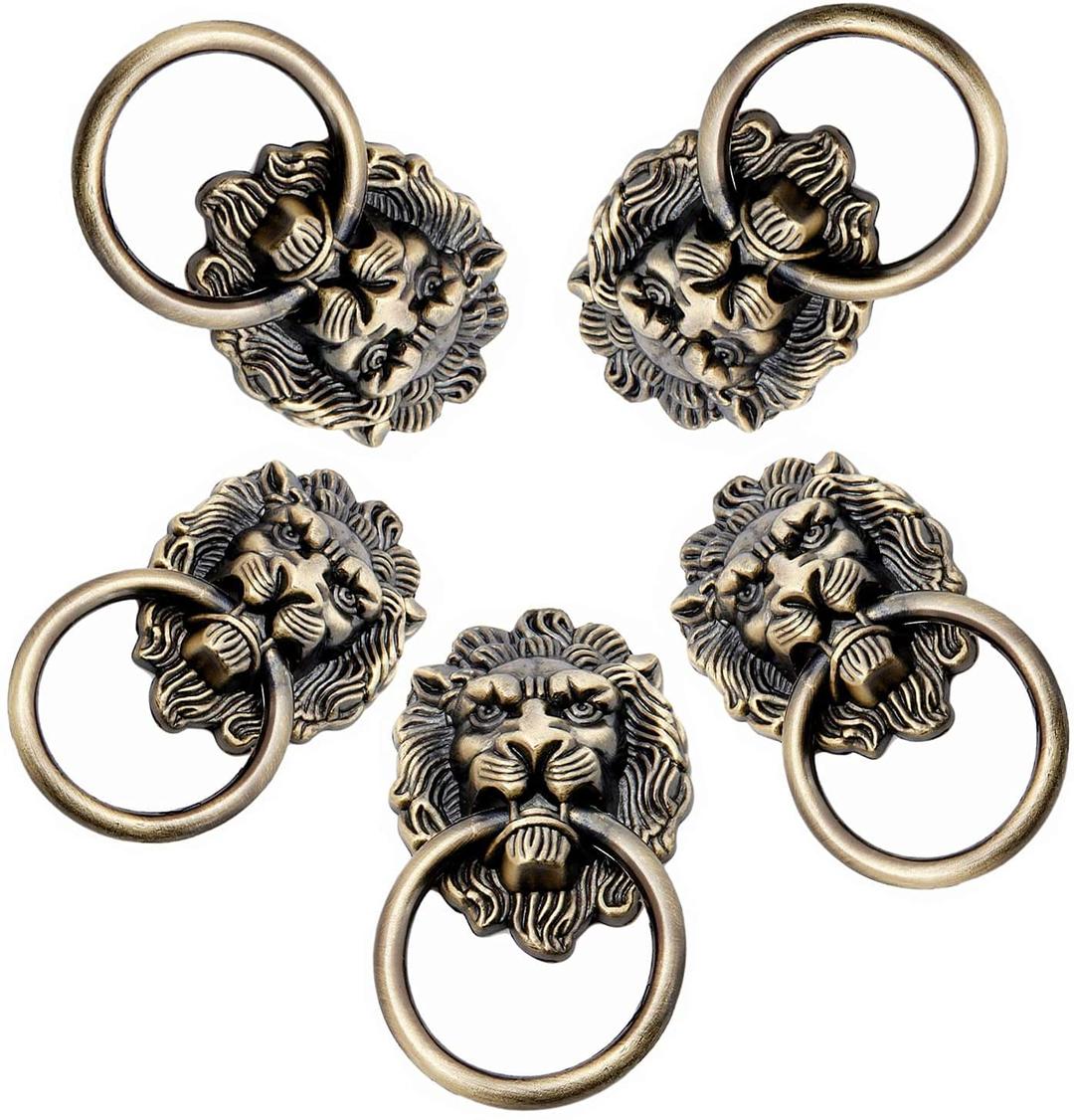 Dosela 5 Pieces Antique Bronze Style Furniture Handle, Classical Zinc Alloy Bronze Lion Head Pull Rings For Furniture Door Cabinet Dresser Drawer Cupboard Closet Door Handles Knobs (Small)