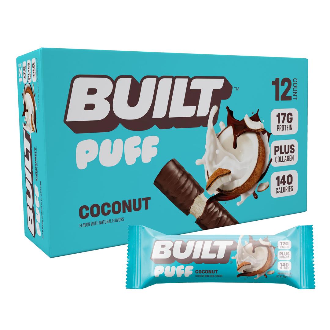 Built Protein Bars, Coconut Marshmallow Puff, 12 count, Protein Snacks with 17g of Protein, Collagen, Gluten Free, Chocolate Protein Bar, 140 calories & 6g sugar, Perfect On The Go Protein Snack