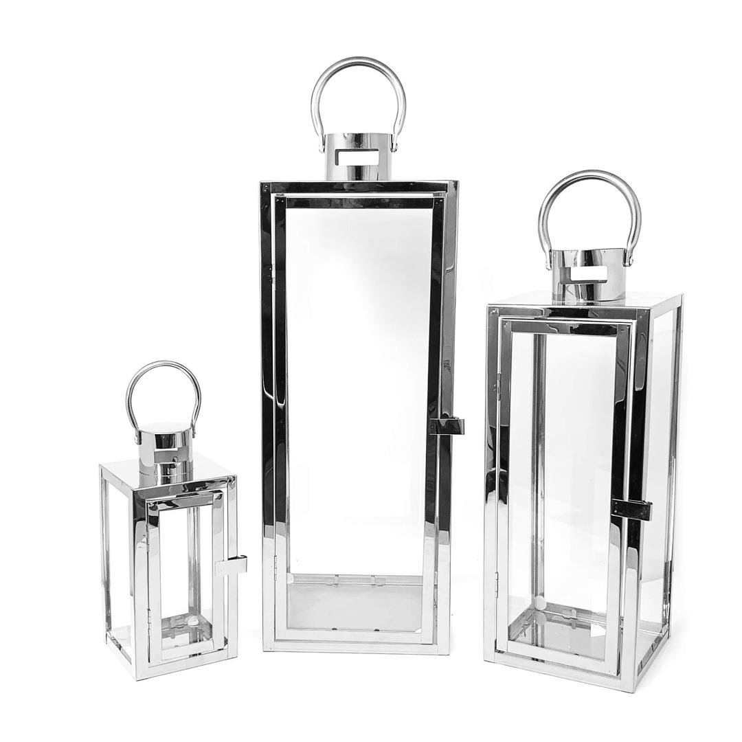 Allgala 3-PC Lantern Set 23 Inch Jumbo Deluxe Modern Indoor/Outdoor Candle Lantern Set Stainless Steel Frame Tempered Glass Rectangular Silver Chrome Color for Garden Poolside Fireplace Wedding